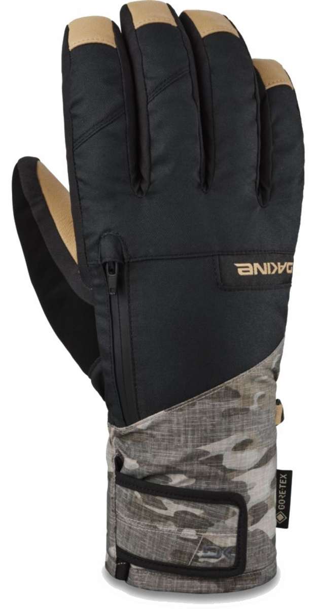 Dakine Leather Titan GORE-TEX Short Gloves 2024 - A pair of black gloves with tan accents on the fingertips and wrist strap.