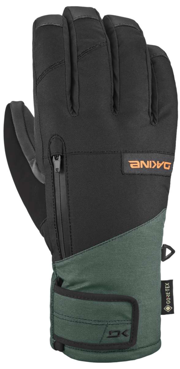 Dakine Leather Titan GORE-TEX Short Gloves 2024 - A pair of black gloves with a leather palm and thumb, featuring a zippered pocket on the wrist.