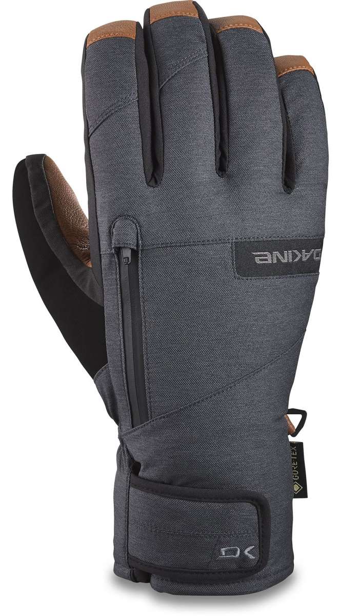Dakine Leather Titan GORE-TEX Short Gloves 2024 - A pair of gray gloves with brown leather accents on the fingertips and a black strap at the wrist.