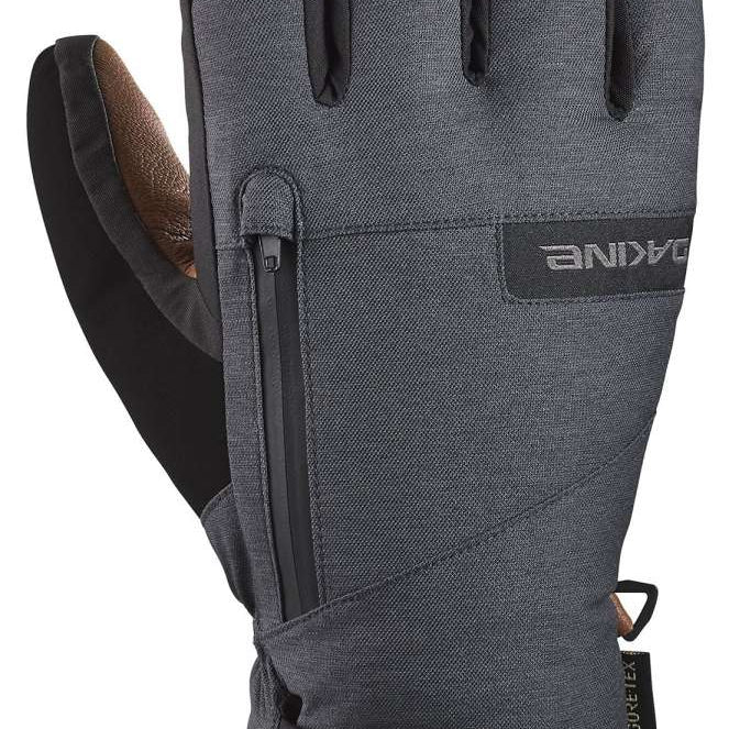 Dakine Leather Titan GORE-TEX Short Gloves 2024 - A pair of gray gloves with brown leather accents on the fingertips and a black strap at the wrist.
