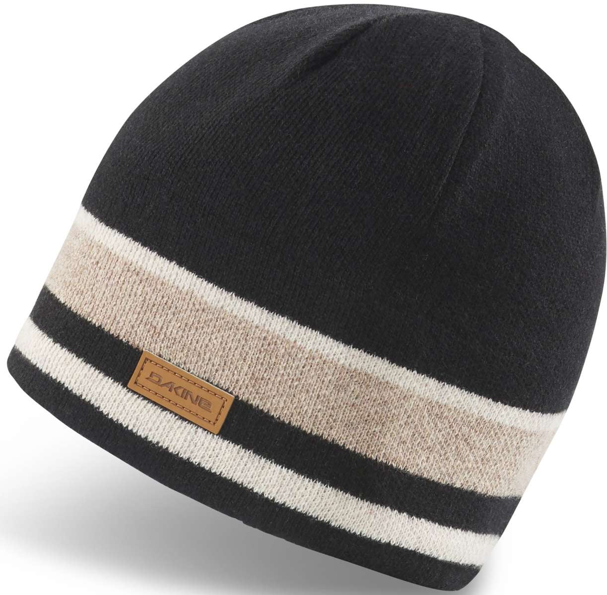 Dakine Lumberman Merino Beanie 2024 - A black beanie with a tan stripe around the middle and a brown leather label that says "DAKINE" in all caps.