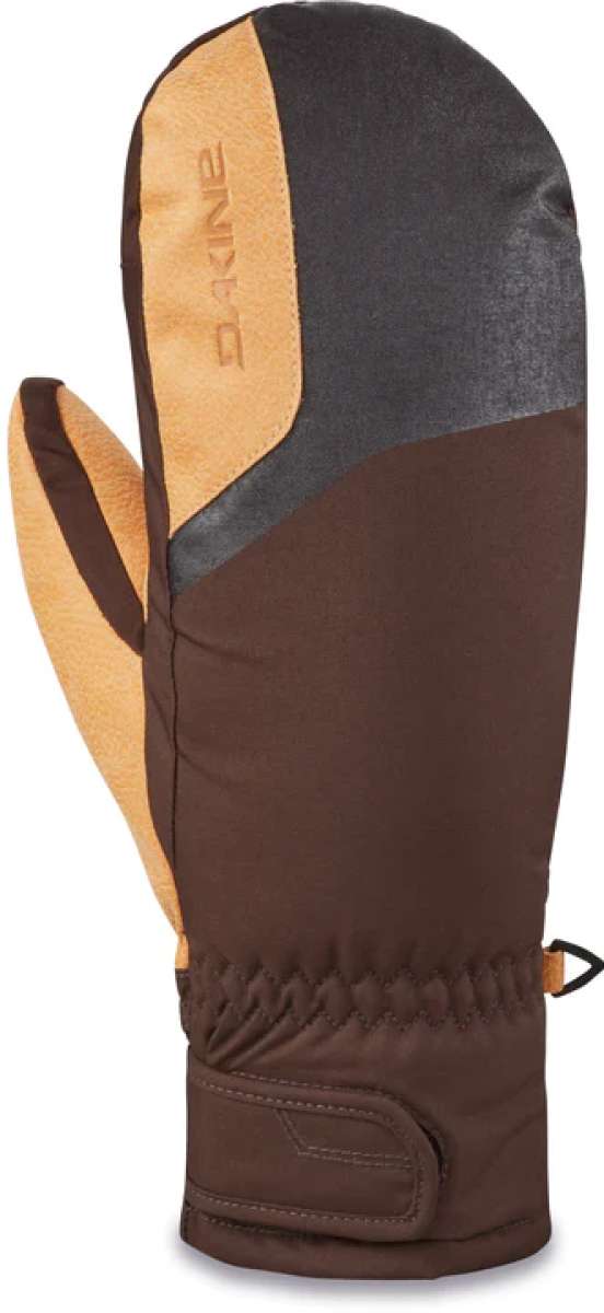 Dakine Nova Short Mittens - Mittens are brown with a tan suede palm and thumb, featuring a small orange pull tab on the wrist strap.