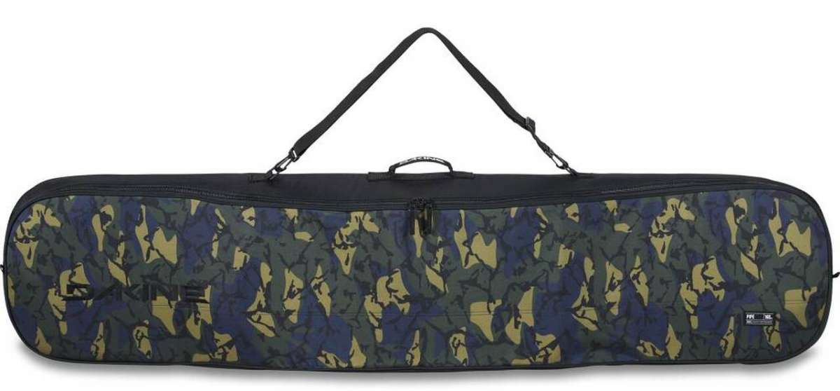 Dakine Pipe Board Bag 2022-2023 - Black bag with a zippered top and shoulder strap, featuring a repeating pattern of white snowflakes on a black background.