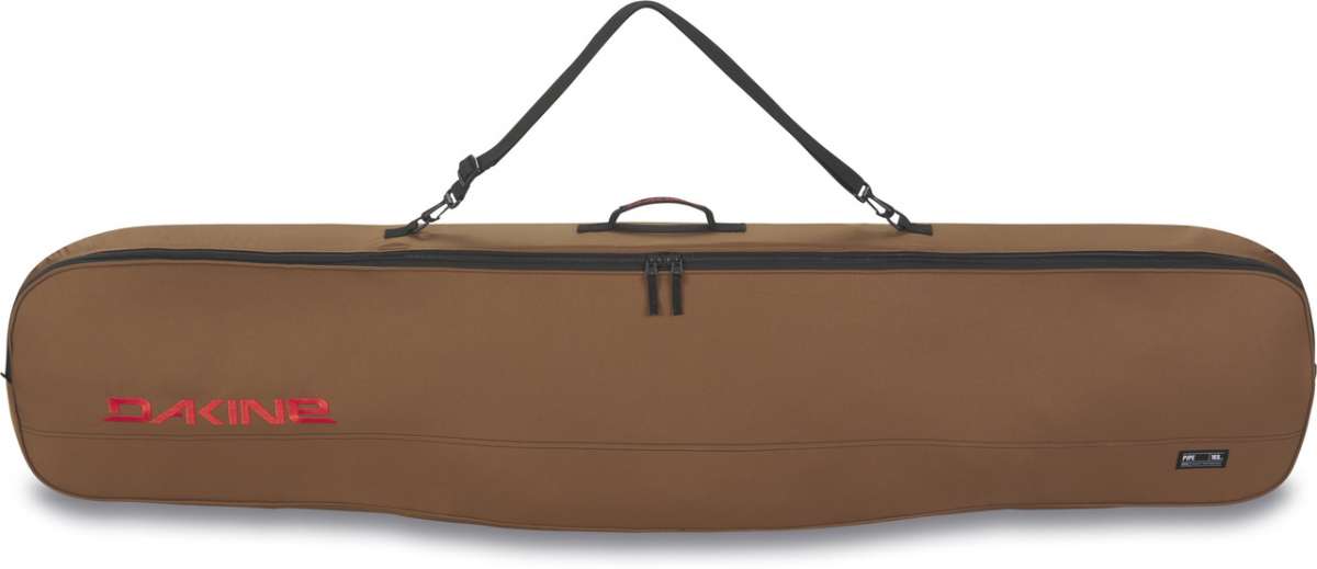 Dakine Pipe Board Bag 2022-2023 - Brown bag with black zipper and handle, featuring a red "DAKINE" logo on top.