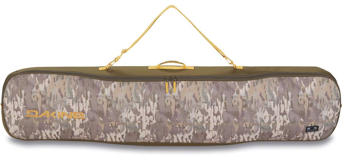 Dakine Pipe Board Bag 2024 - A brown board bag with a zippered top and handle, featuring a camouflage pattern on its front side.
