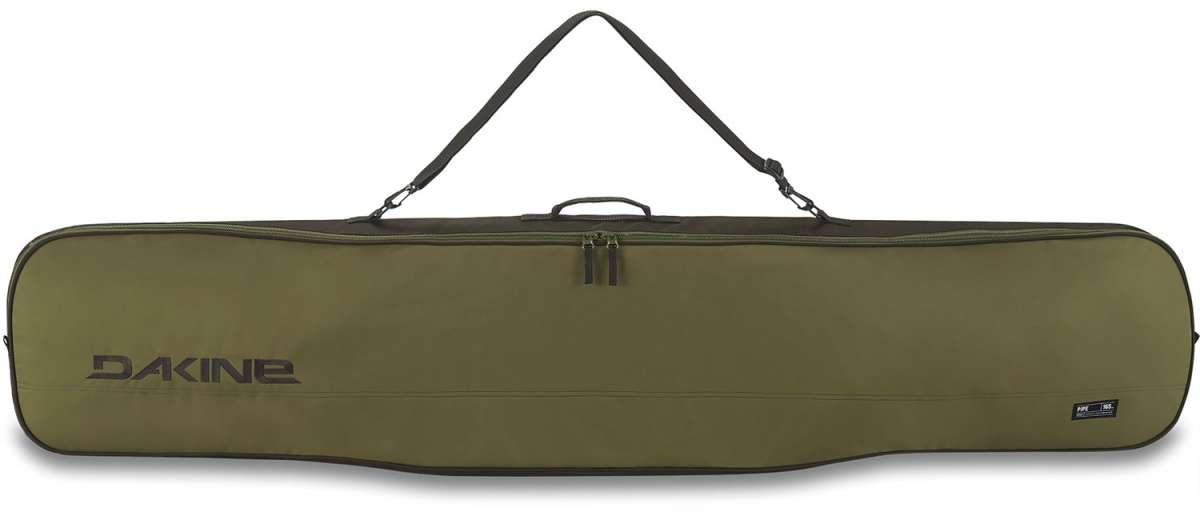 Dakine Pipe Board Bag 2024 - Olive green bag with black trim, zippered top and shoulder strap handle.