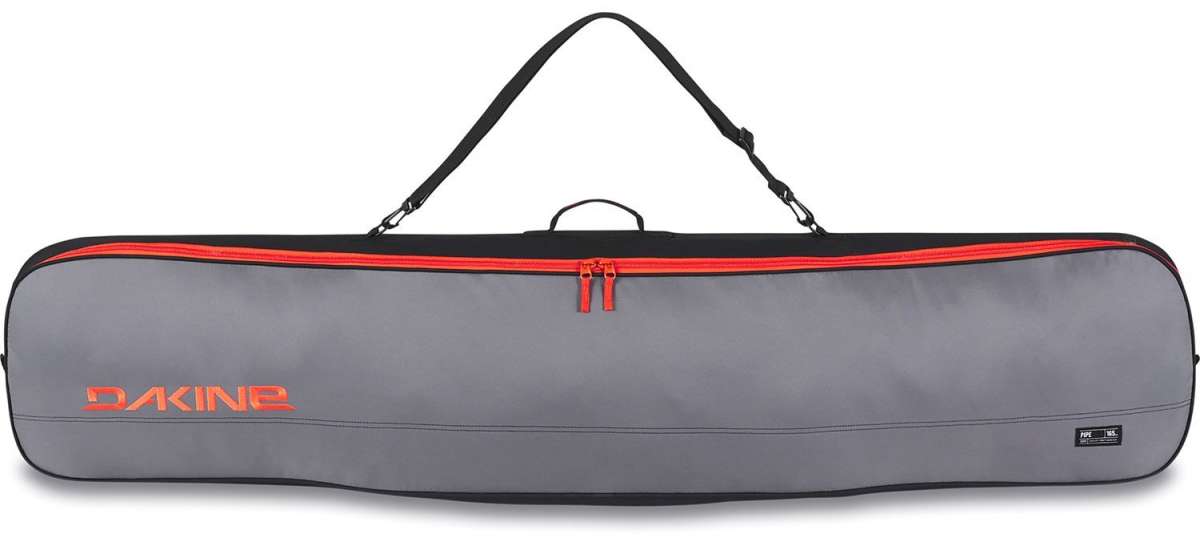 Dakine - Pipe Board Bag 2024 is shown from a front view, featuring a gray exterior with orange accents and a zippered top.