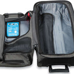 Dakine Split Roller 85L 2022-2023 - Gray roller bag with black trim and red zipper pulls, featuring a mesh pocket on top.
