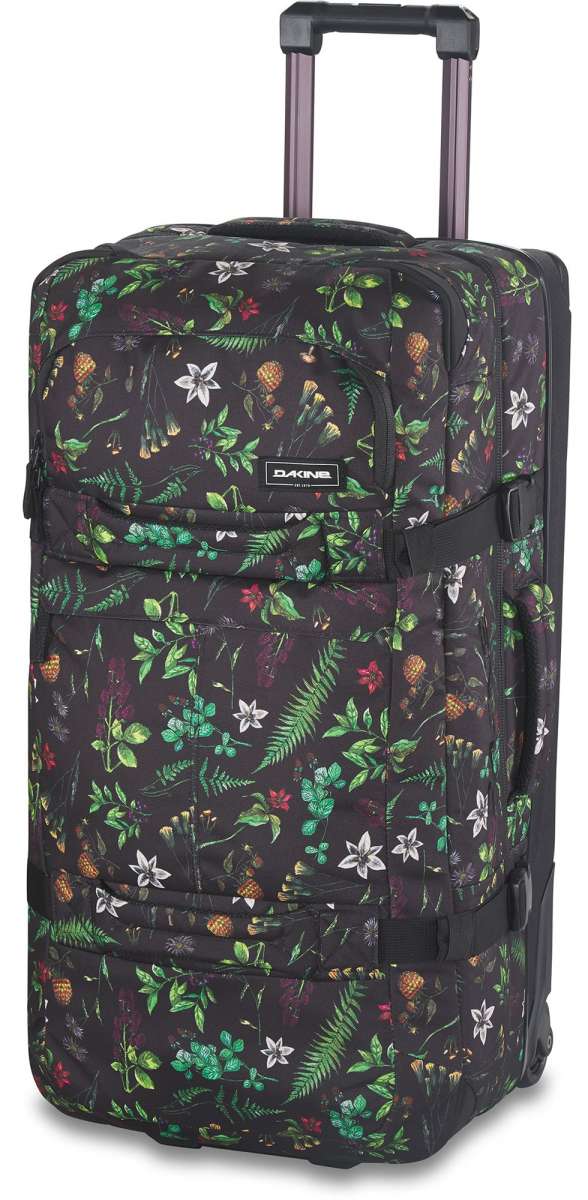 Dakine Split Roller 85L 2022-2023 - Black roller bag with white and green floral pattern on a gray background.