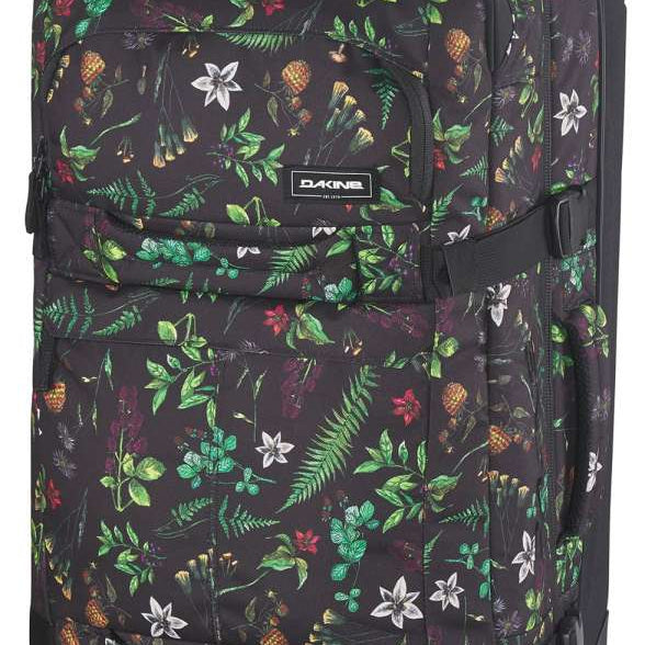 Dakine Split Roller 85L 2022-2023 - Black roller bag with white and green floral pattern on a gray background.