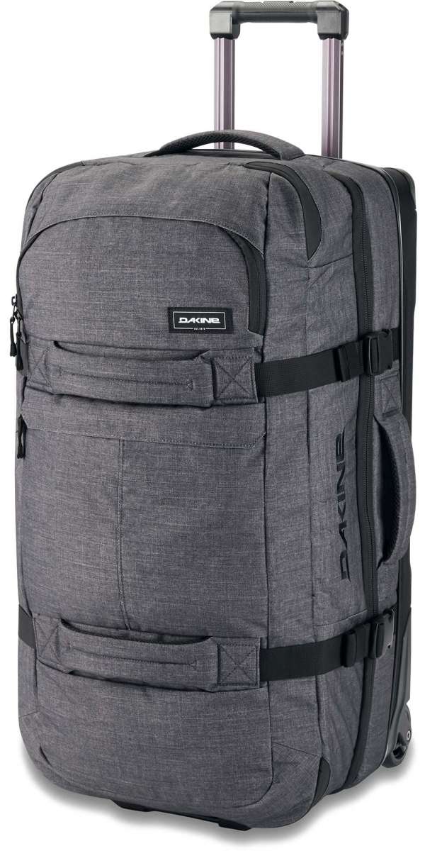 Dakine Split Roller 85L 2022-2023 - Gray roller bag with black trim and wheels, featuring a handle on top.