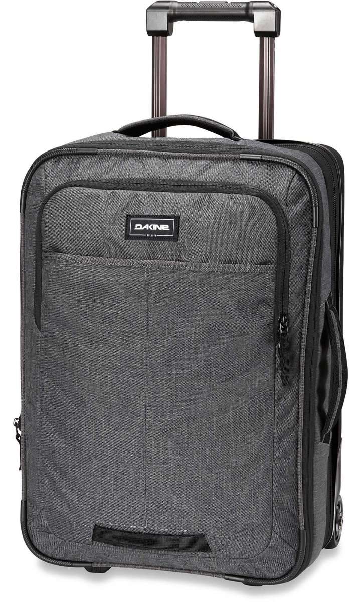Dakine Status Roller 42L 2022-2023 - A gray roller suitcase with a handle and wheels, featuring a zippered pocket on its front.