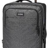 Dakine Status Roller 42L 2022-2023 - A gray roller suitcase with a handle and wheels, featuring a zippered pocket on its front.