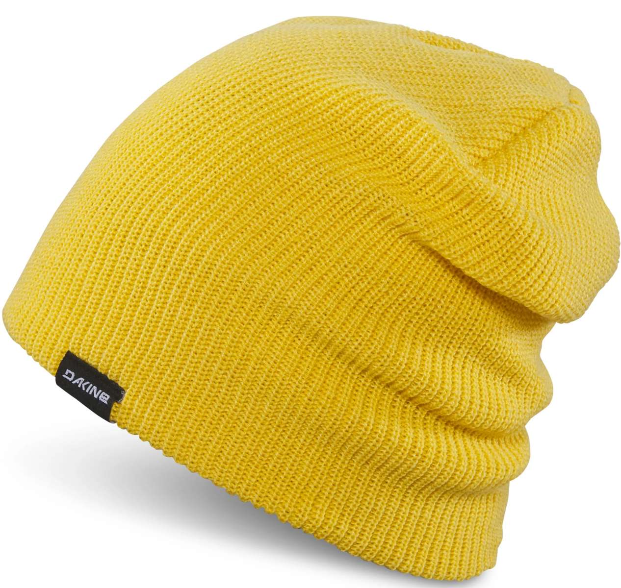 Dakine Tall Boy Beanie 2024 - A bright yellow beanie with a folded cuff and black Dakine label on the side.