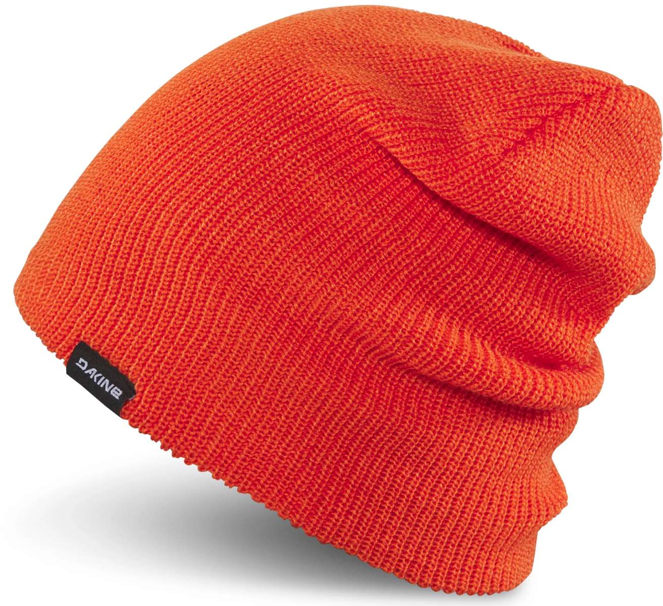 Dakine Tall Boy Beanie 2024 - A bright orange beanie with a black tag on the front that says "DAKINE" in white letters.