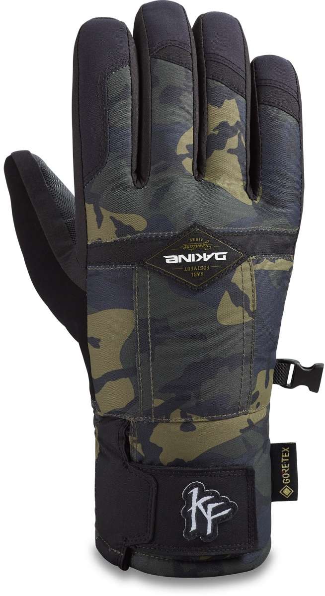 Dakine Team Bronco GORE-TEX Gloves - A pair of gloves with a camouflage pattern and black accents, featuring a prominent "DAKINE" logo on the back.