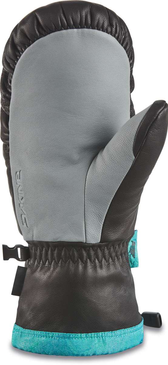 Dakine Team Voyager Mitt 2022-2023 - A black and gray mitt with a textured palm and thumb, featuring a turquoise logo on the wrist strap.