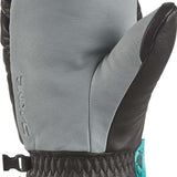 Dakine Team Voyager Mitt 2022-2023 - A black and gray mitt with a textured palm and thumb, featuring a turquoise logo on the wrist strap.