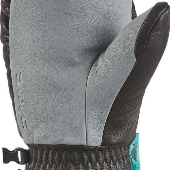 Dakine Team Voyager Mitt 2022-2023 - A black and gray mitt with a textured palm and thumb, featuring a turquoise logo on the wrist strap.