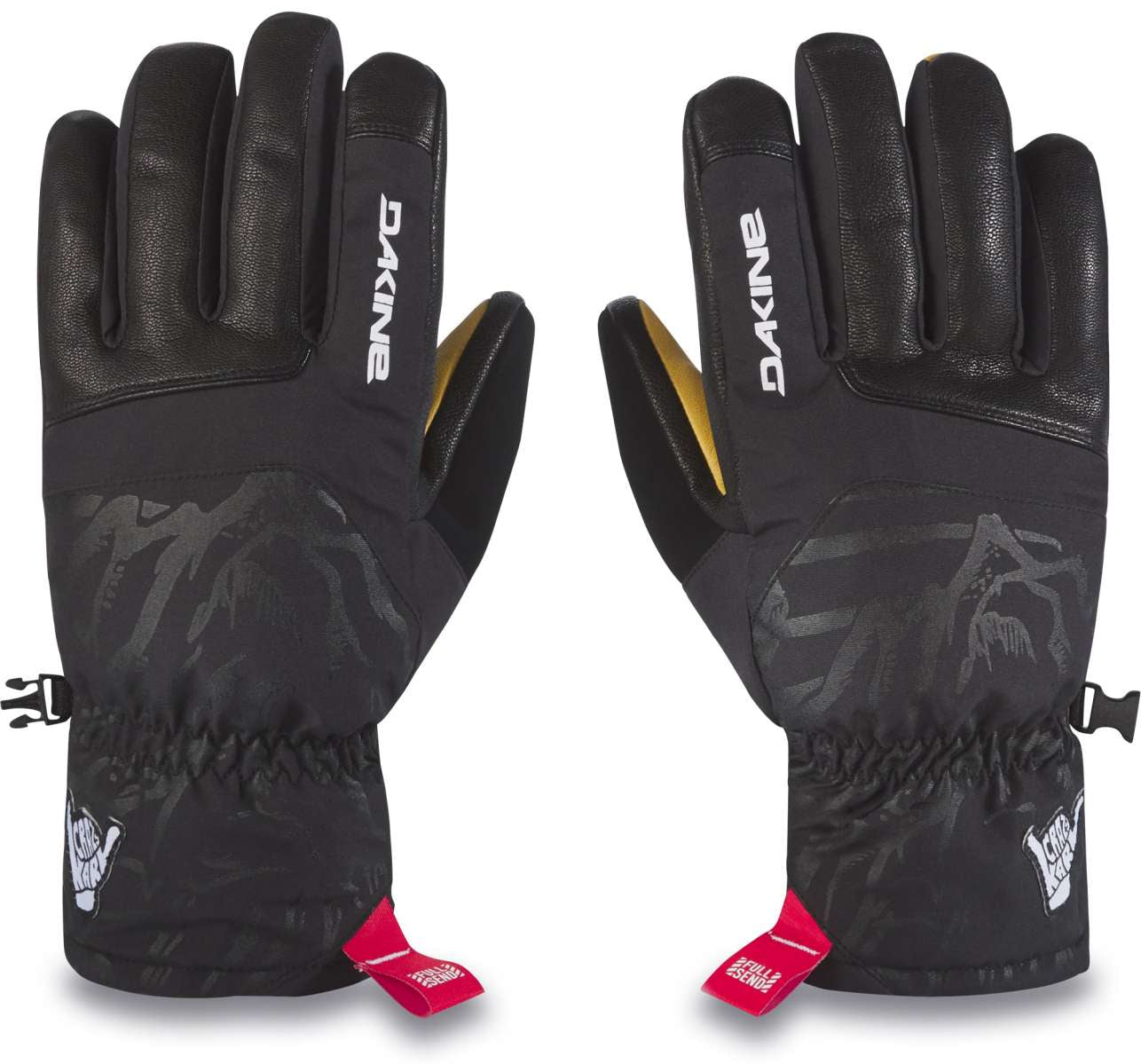 Dakine TM Fillmore K Fostvedt Glove 2024 - Black glove with a subtle mountain graphic on the back of the hand and yellow accents on the inside.