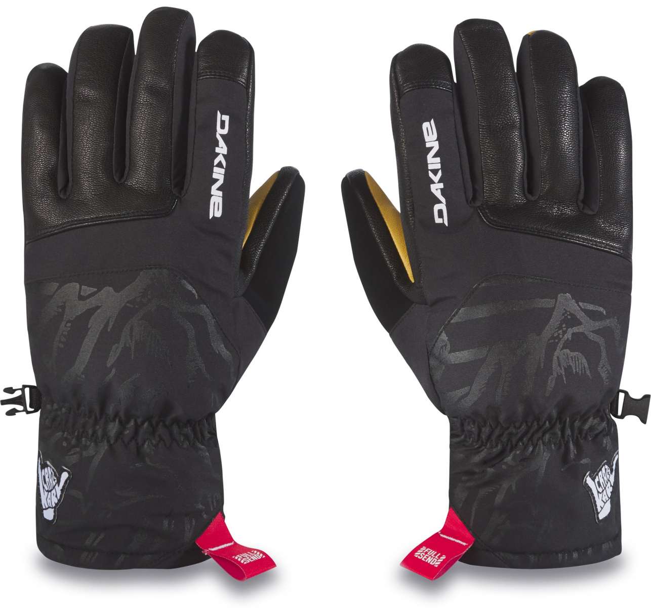 Dakine TM Fillmore K Fostvedt Glove 2024 - Black glove with a subtle mountain graphic on the back of the hand and yellow accents on the inside.