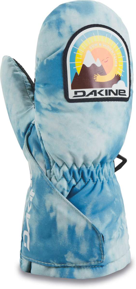 Dakine Toddler Brat Mitt 2022-2023 - A pair of light blue mittens with a white snowflake pattern and black trim, featuring a graphic of a smiling cartoon bear on the back.