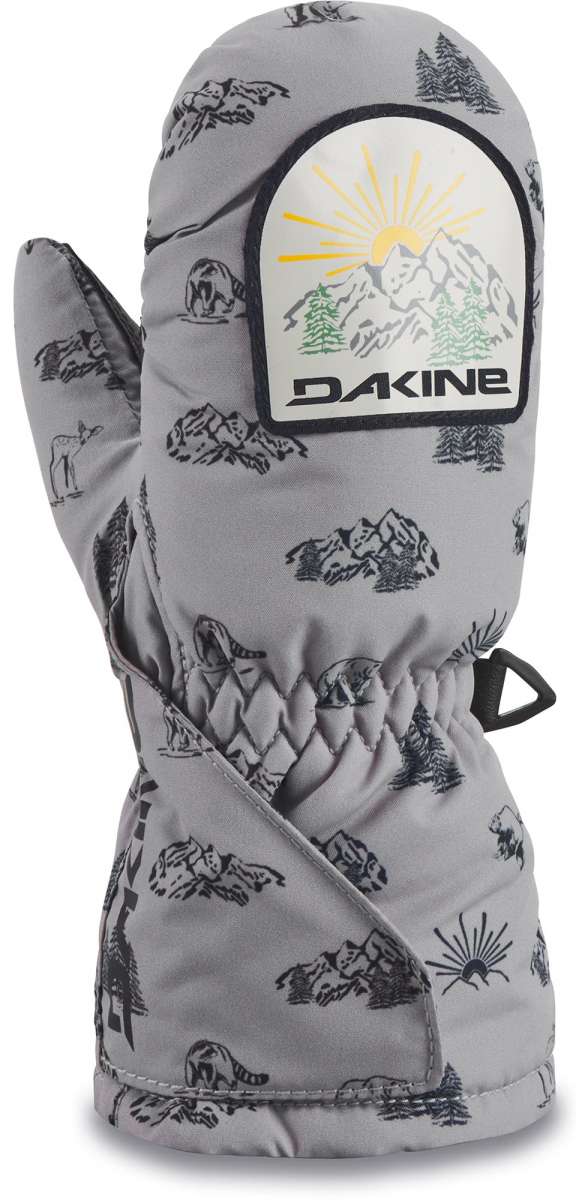 Dakine Toddler Brat Mitt 2022-2023 - A gray mitt with a black and white mountain graphic, featuring trees and a sunburst design.