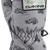Dakine Toddler Brat Mitt 2022-2023 - A gray mitt with a black and white mountain graphic, featuring trees and a sunburst design.
