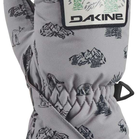 Dakine Toddler Brat Mitt 2022-2023 - A gray mitt with a black and white mountain graphic, featuring trees and a sunburst design.