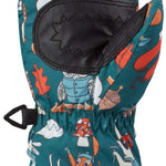 Dakine Toddler Brat Mittens - Pair of mittens with a white and orange pattern on a teal background, featuring cartoon animals such as bears, foxes, and owls.
