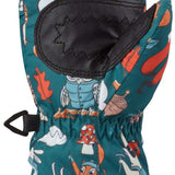 Dakine Toddler Brat Mittens - Pair of mittens with a white and orange pattern on a teal background, featuring cartoon animals such as bears, foxes, and owls.