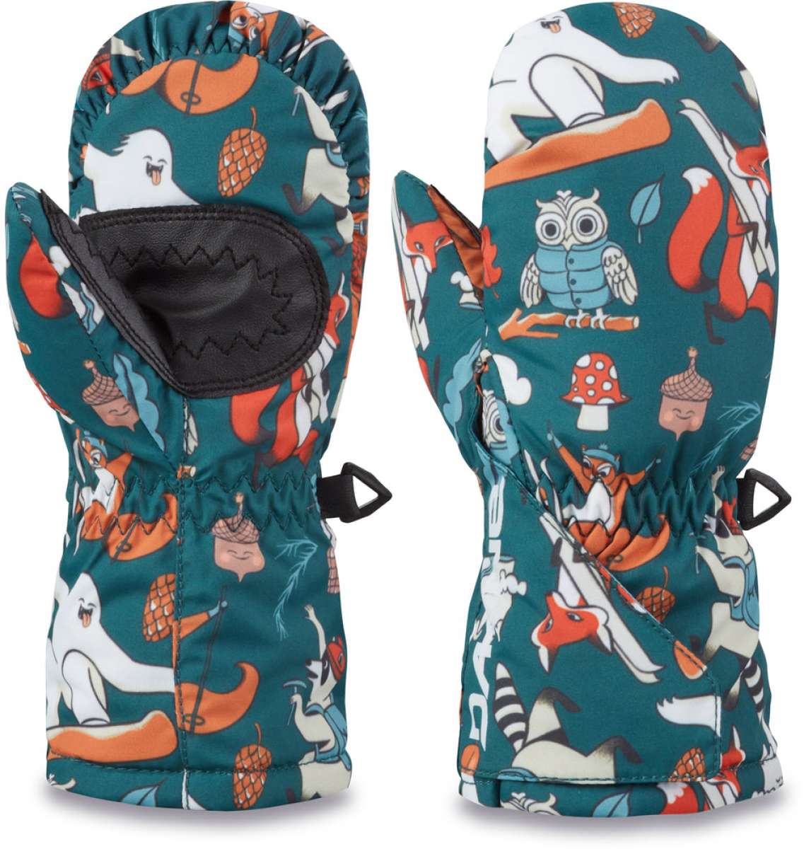 Dakine Toddler Brat Mittens - Pair of toddler mittens with orange and white trim, featuring a cartoon owl on one mitten and a fox on the other.