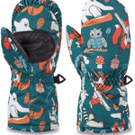 Dakine Toddler Brat Mittens - Pair of toddler mittens with orange and white trim, featuring a cartoon owl on one mitten and a fox on the other.