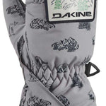 Dakine Toddler Brat Mittens 2024 - A pair of mittens with a gray background and black illustrations of mountains, trees, and animals.