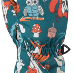 Dakine Toddler Brat Mittens - Pair of mittens with a teal background and cartoon woodland animals, including owls, foxes, and raccoons.