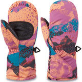 Dakine Toddler Brat Mittens - Mittens are orange with a blue and purple abstract pattern, featuring black stitching and a black strap on the back.