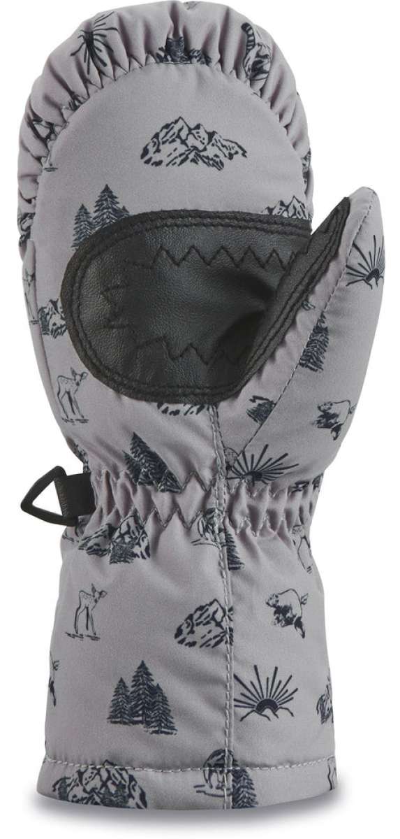 Dakine Toddler Brat Mittens 2024 - Gray mittens with a black palm and thumb, featuring a forest pattern of trees and animals.