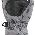 Dakine Toddler Brat Mittens 2024 - Gray mittens with a black palm and thumb, featuring a forest pattern of trees and animals.