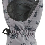 Dakine Toddler Brat Mittens 2024 - Gray mittens with a black palm and thumb, featuring a forest pattern of trees and animals.