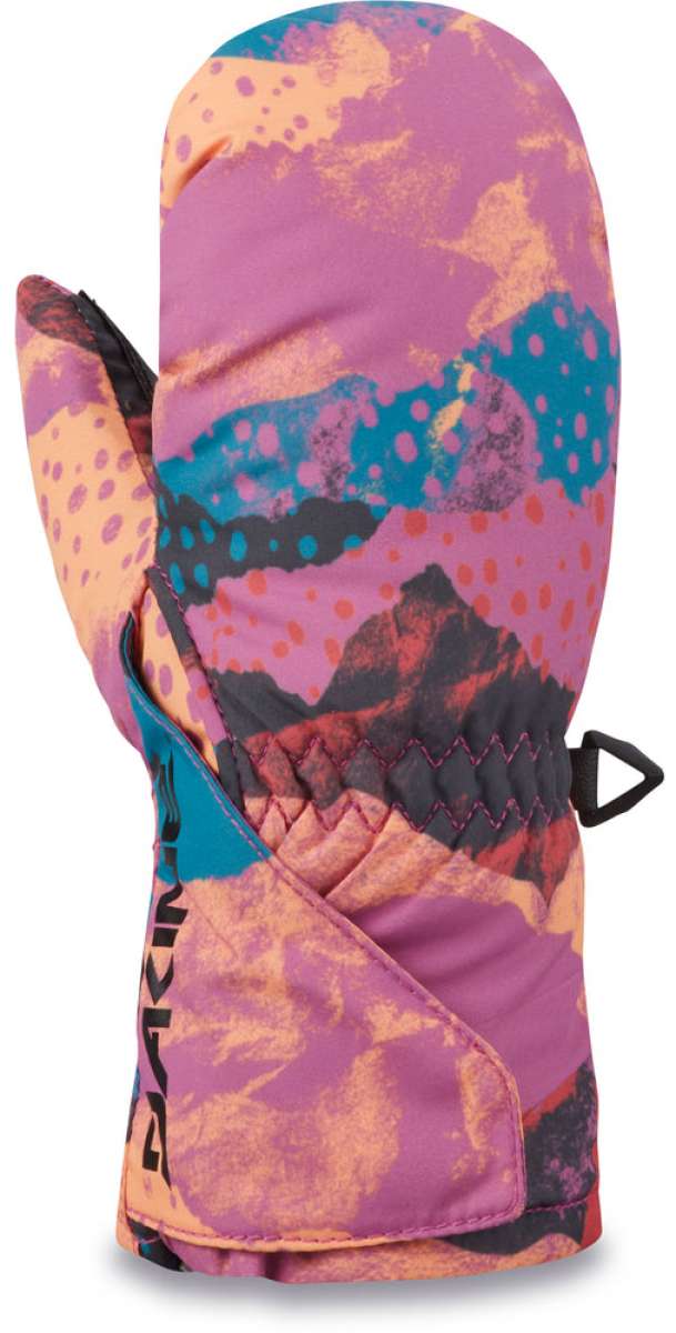 Dakine Toddler Brat Mittens - Pink mittens with a blue and yellow pattern on top of a toddler's hand.