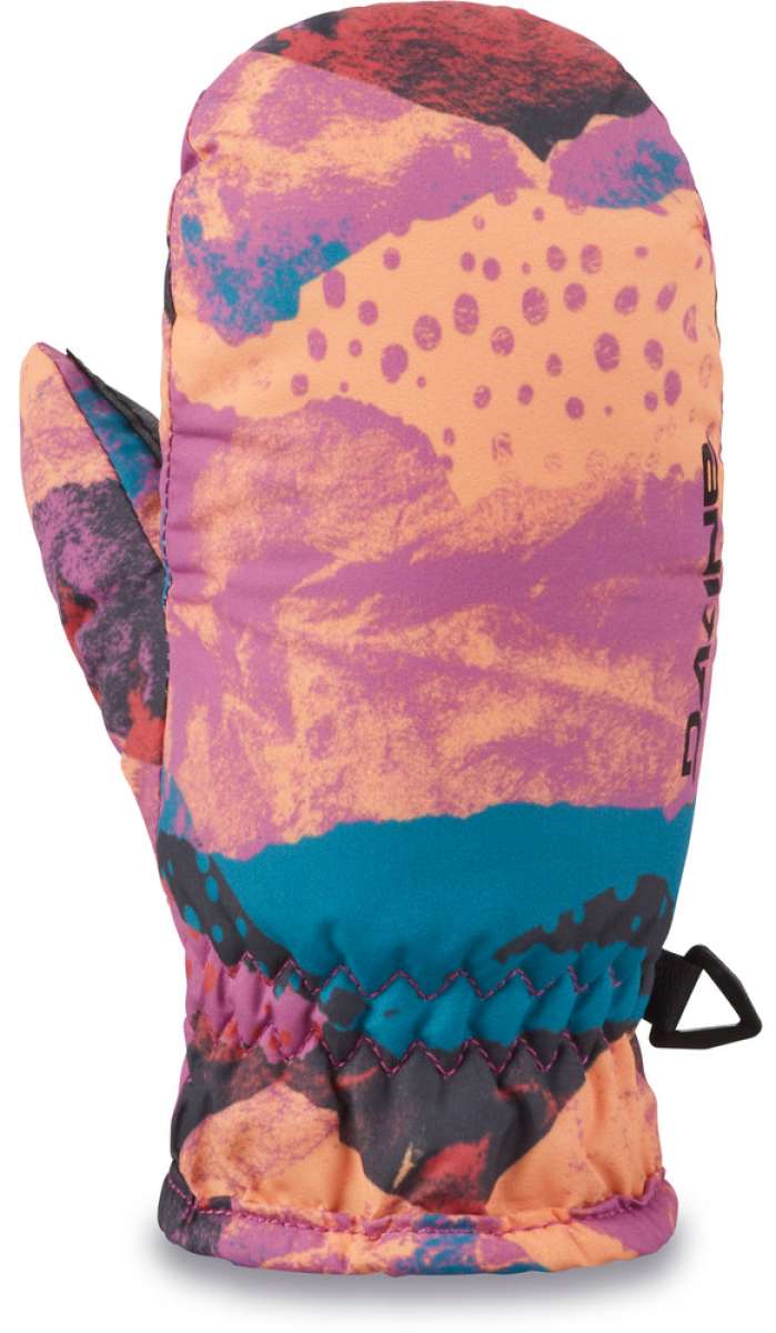 Dakine Toddler Hornet Mittens 2024 - A pair of toddler mittens with a purple and orange pattern, featuring a black strap on the back.