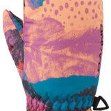 Dakine Toddler Hornet Mittens 2024 - A pair of toddler mittens with a purple and orange pattern, featuring a black strap on the back.