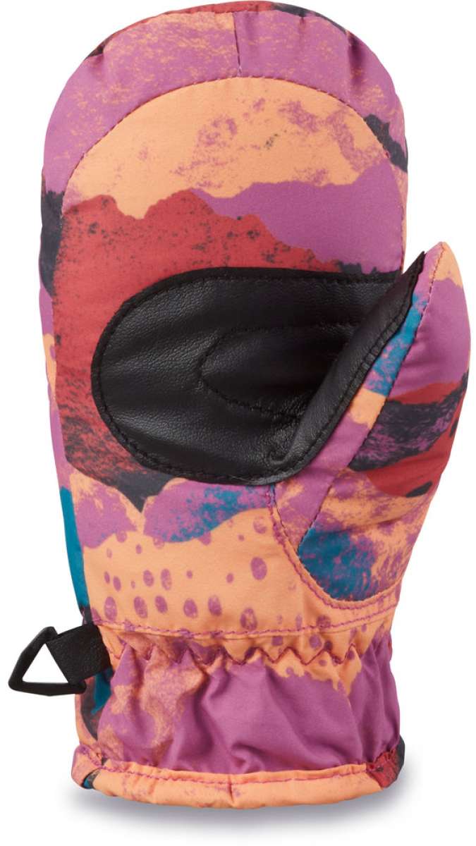 Dakine Toddler Hornet Mittens - Pair of mittens in a pink and purple abstract pattern with black accents, featuring a black strap on the back.