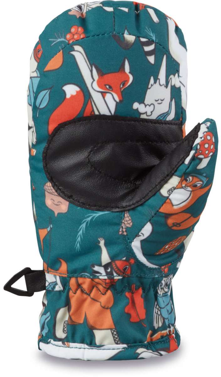 Dakine Toddler Hornet Mittens - Mittens are teal with a repeating pattern of orange foxes, white snowflakes, and blue leaves.