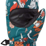 Dakine Toddler Hornet Mittens - Mittens are teal with a repeating pattern of orange foxes, white snowflakes, and blue leaves.