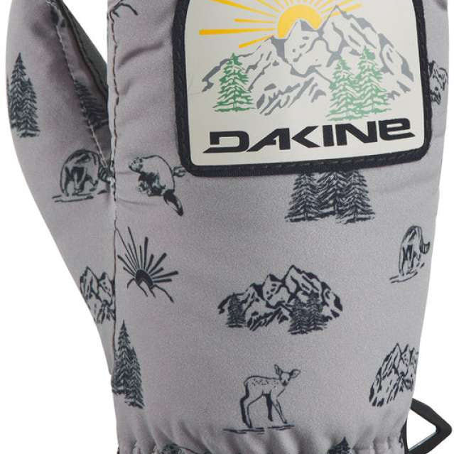 Dakine Toddler Hornet Mittens 2024 - Mittens for toddlers with a gray background and small, dark-colored trees printed on them.
