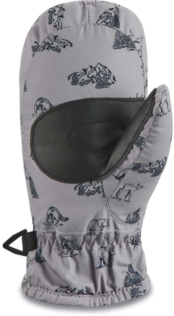Dakine Toddler Hornet Mittens 2024 - Pair of toddler-sized mittens in a light gray color with a repeating pattern of small, dark-colored bears and trees.
