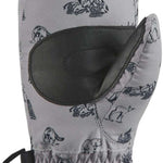 Dakine Toddler Hornet Mittens 2024 - Pair of toddler-sized mittens in a light gray color with a repeating pattern of small, dark-colored bears and trees.