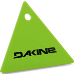 Dakine Triangle Scraper 2024 - A lime green plastic scraper in the shape of an equilateral triangle with a circular hole at its top point.