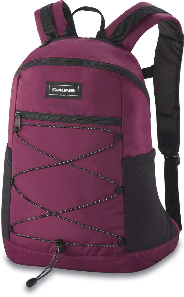 Dakine Wndr Pack 18L 2022-2023 - A maroon backpack with a zippered front pocket and black straps.